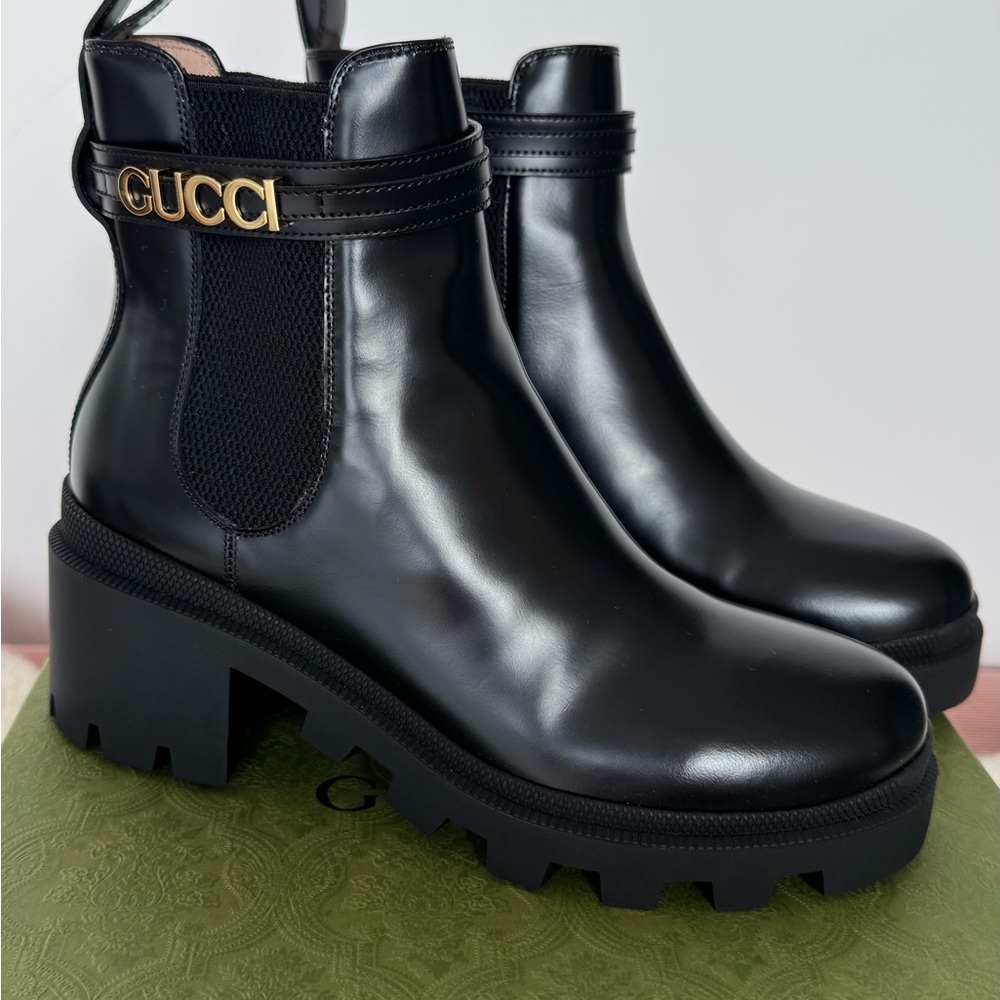 Gucci Black Leather Chunky Lug-Sole Ankle Boots with Gold Logo